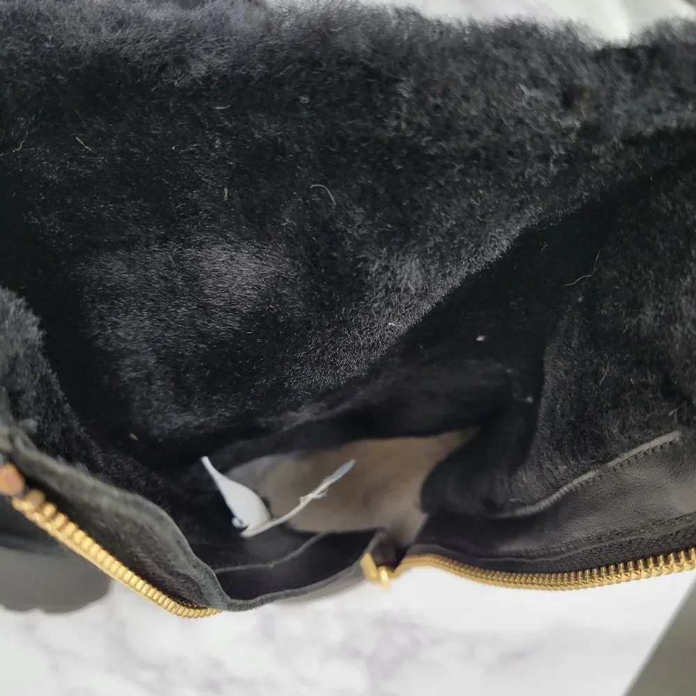 Ugg Black Suede Shearling Sherpa Lined Gold Zipper Women's Boots Size 6